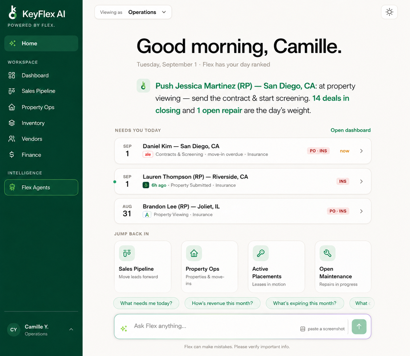 KeyFlex AI home screen with Flex ranking the day's priorities and follow-ups