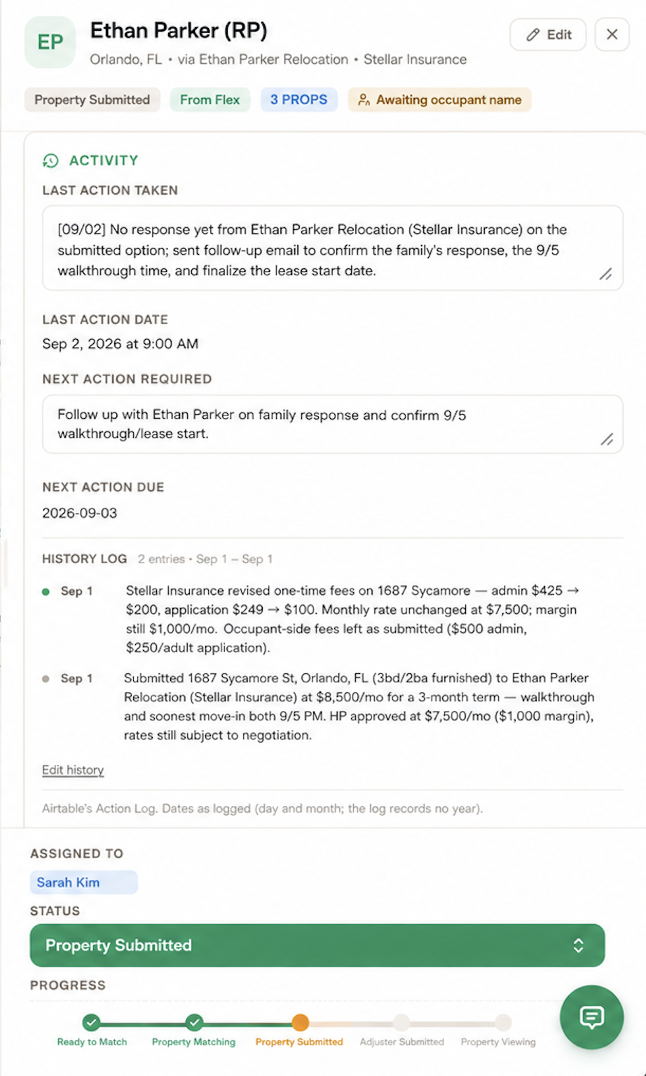 KeyFlex AI activity log showing last action, next action and history for a lead