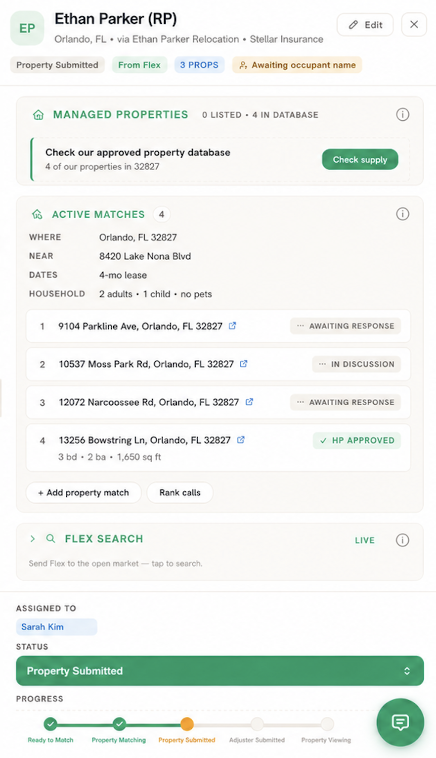 KeyFlex AI property matching panel with managed properties and active matches