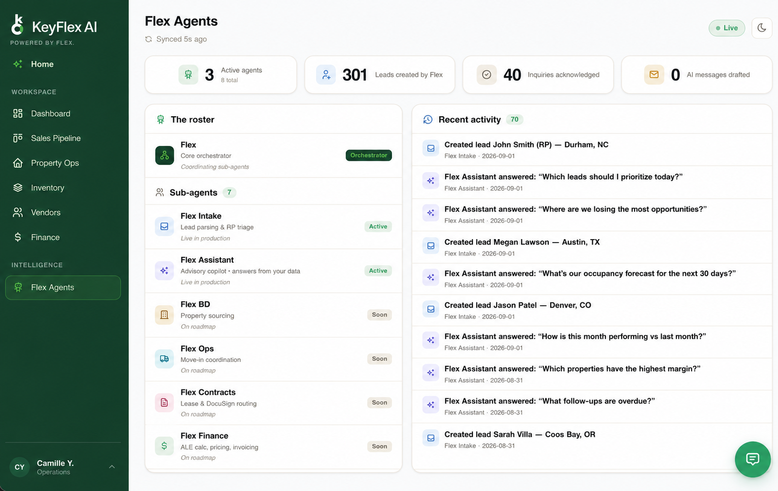 KeyFlex AI Flex Agents screen showing the orchestrator, sub-agent workforce and recent agent activity